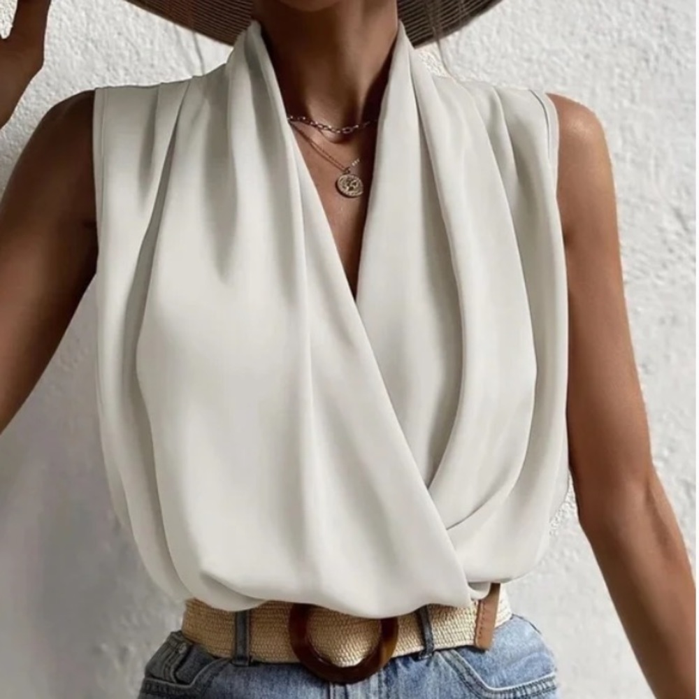 Luxe Satin Overlap Wrap Sleeveless Work Office Top - Picture 1 of 9